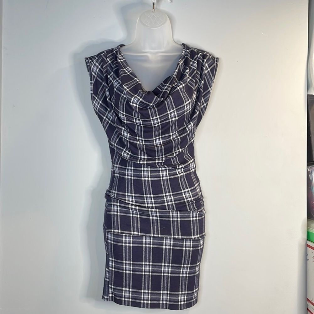 Plaid Cowl Neck Tunic Mini Dress